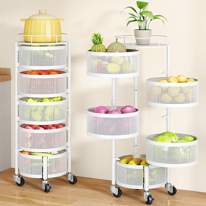 SAYZH 5 Tier Fruit Vegetable Basket Stand for Kitchen, Rotating, White | Rolling Storage Cart with top lid, Large Metal Wire Rack for Potato and Onion Storage by SAYZH