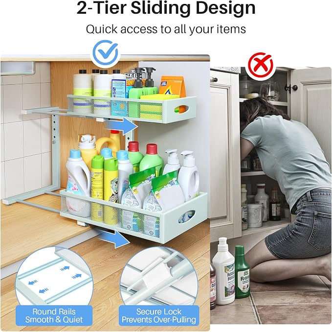 Under Sink Organizer, 2 Pack 2 Tier Pull Out Under Cabinet Organizer Shelf with Pad for Framed Cabinets, Metal Slide Out Under Sink Storage, Mesh Sliding Drawers for Kitchen Bathroom Laundry, Blue - Image 4