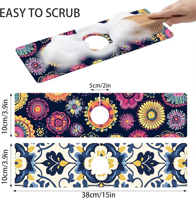 Bimkole 2 PCS Faucet Absorbent Mat, Kitchen Faucet Sink Splash Guard Wraparound Cloth Pads Drip Catcher for Sink Faucet for Kitchen Bathroom Faucet, Colorful Faucet Mat, 15 x 4 Inch Flower A6 - Image 2