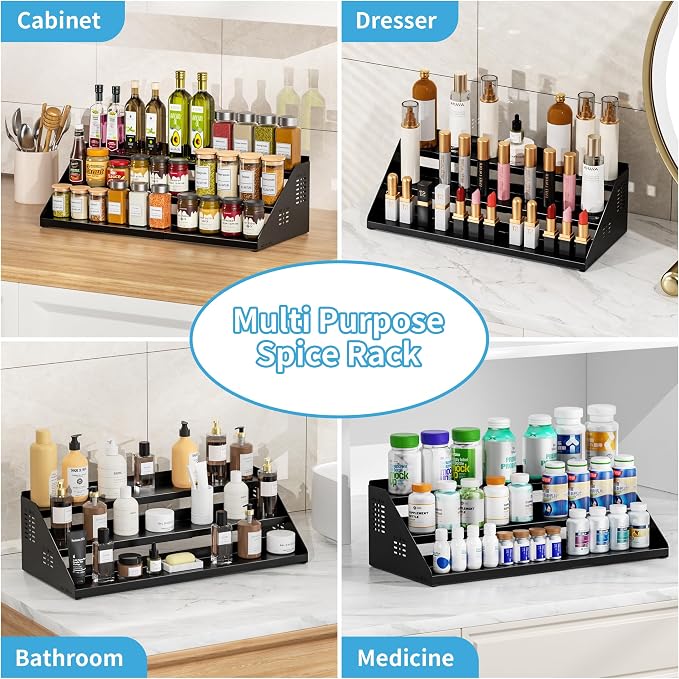 BOIVSHI 3 Tier Spice Rack for Cabinet, Adjustable Shelf, Black | Expandable Width 13"-22" Spice Organizer for Countertop, Step Seasoning Holder Metal Display Shelf for Jars, Pantry Storage - Image 8