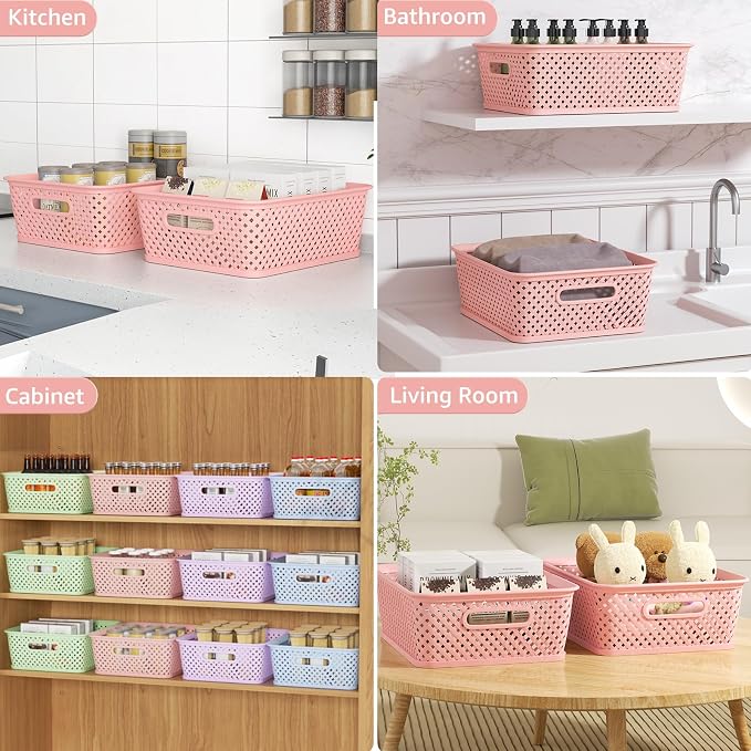 MaxGear 3 Pack Plastic Storage Baskets, Large, Pink | Durable Woven Plastic with Built-In Handles, Suitable for Shelves, Closets, Cabinets, Bathrooms and Offices - Image 4