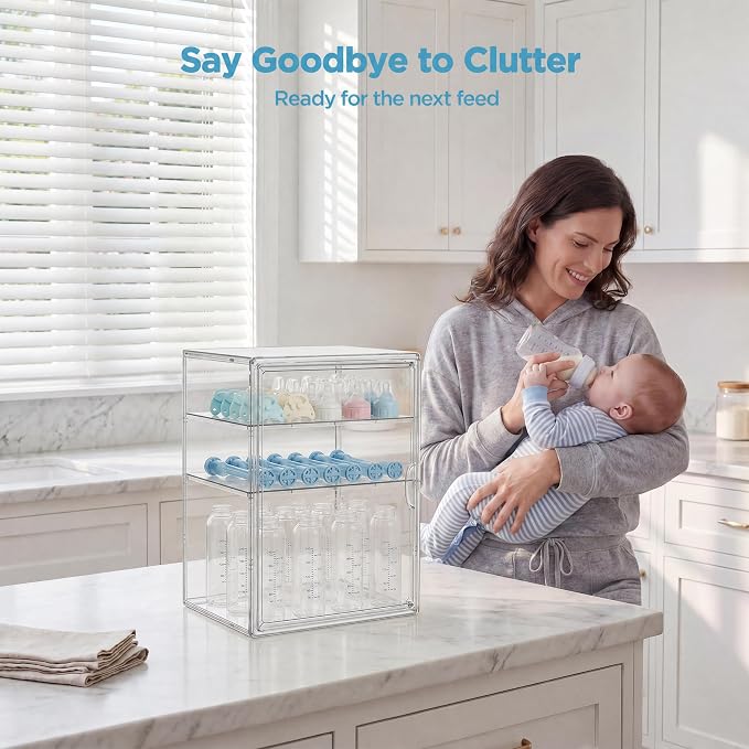 HBlife Baby Bottle Storage Organizer for Countertop Cabinet, 3 Tiers Adjustable Clear Acrylic Bottles Storage Station Case Box Container with 2 Removable Dividers and Magnetic Door, X-Large - Image 5