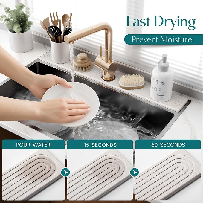 30 Inch Faucet Mat for Kitchen Sink - Instant Dry Sink Protector for Countertop, Extra-Long Diatomaceous Earth Stone Sink Tray Around Faucet for Kitchen Bathroom RVs (Light Grey, 30" x 3.9") - Image 3