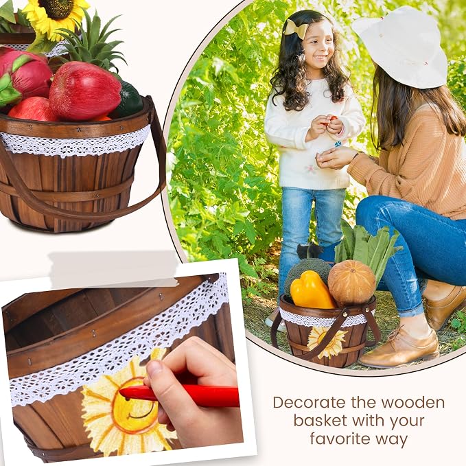 Wooden Baskets 10" x 6.5", 6 Pack Brown Apple Harvest Baskets | Round Handled Baskets Hold Produce, Flowers, Easter Eggs Or Favors for Farms, Markets, Weddings, Parties and Decor - Image 6
