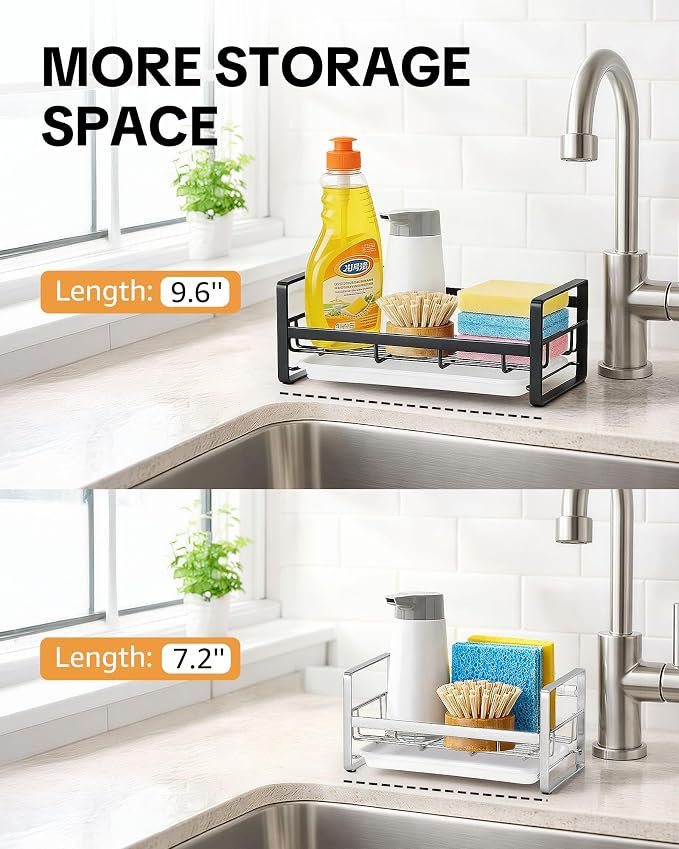 HULISEN Large Kitchen Sponge Holder, 304 Stainless Steel Sink Caddy, Black | Removable Drain Tray, Holds Sponges Soap Bottles Brushes, Countertop Storage, No Dispenser or Brush - Image 2