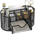 Mesh Desk Organizer with Drawer, 9-Compartment Pen Holder for Desk, Black | Pull-Out Drawer Stores Pens, Pencils, Clips, Notes, and Small Office or School Supplies in One Compact Desk Caddy by SUPEASY