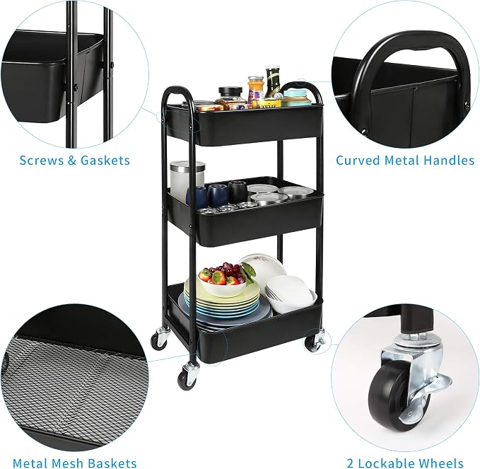 3-Tier Rolling Utility Cart with Caster Wheels Easy Assembly, Black | Easy Assembly, multi-purpose storage trolley for kitchen, rolling cart with smooth caster wheels for bathroom - Image 5