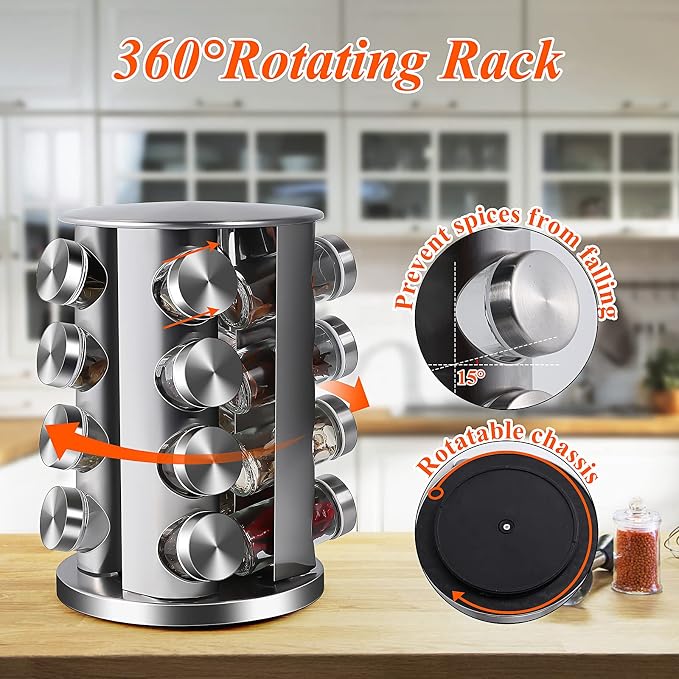 DOUBLE 2 C Revolving Countertop Spice Rack Stainless Steel Seasoning Storage Organization,Spice Carousel Tower for Kitchen Set of 16 Jars (16Jars) - Image 3