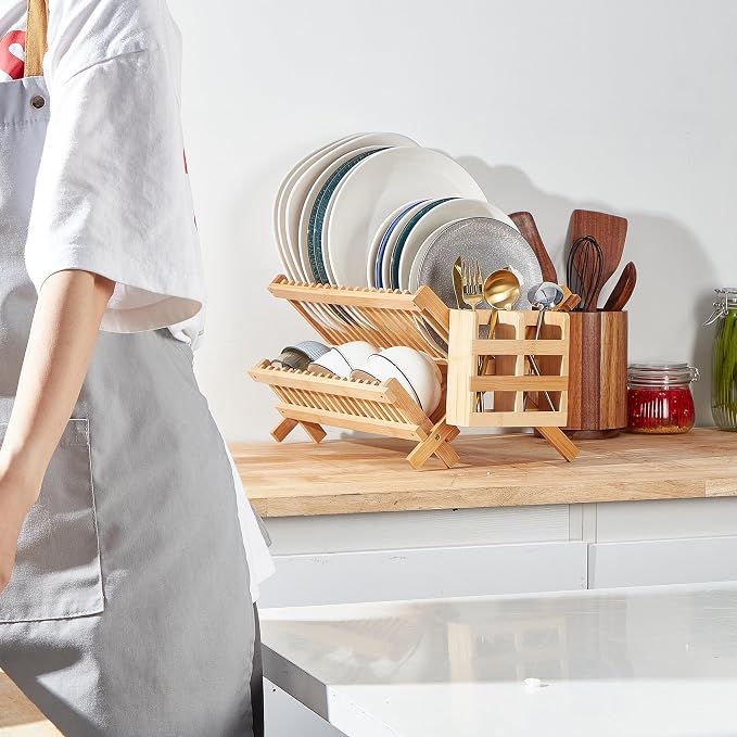 NOVAYEAH Bamboo Dish Drying Rack-2 Tier, Collapsible Small Dish Rack with Utensil Holder, Wooden Drying Rack for Kitchen Counter, Apartment Essentials Kitchen Plate Holder Organization 34 pcs Grid | 2-Tier Collapsible Large Dish Drying Rack Folding Dry... - Image 2