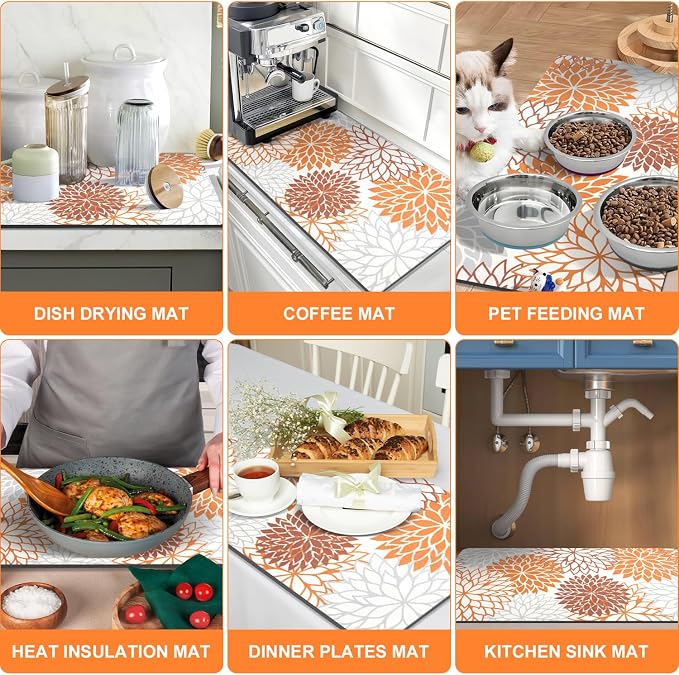 Findosom 2PCS 16" x 24" Fall Dish Drying Mat & 24" x 5.5" Sink Splash Guard, Super Absorbent & Cuttable Dish Mat Drying Kitchen Mat with Orange Floral, Hide Stain Drying Mat for Kitchen Counter - Image 6