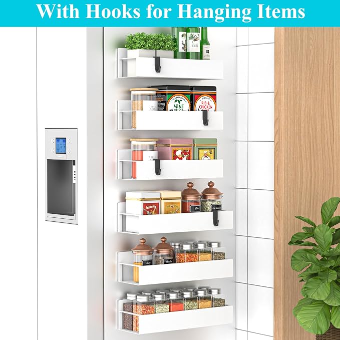 Metal Magnetic Spice Rack for Refrigerator White, 6 Pack | Magnetic Shelves Heavy Duty for Fridge in Kitchen, Seasoning Storage Organizer, For Oven Washer and Dryer, For Heavier Items - Image 2