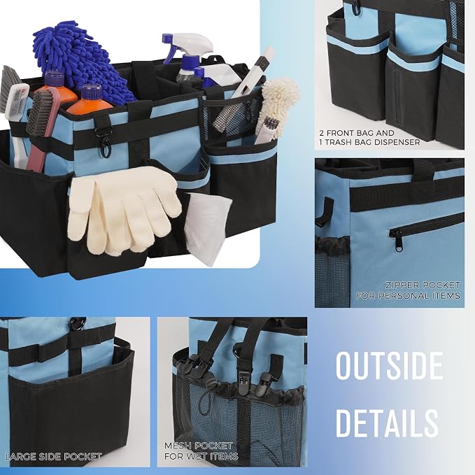 SCAVATA Wearable Cleaning Caddy, Cleaning Caddy Supplies Organizer with Handle & Shoulder Straps for Housekeepers, Under Sink & Car Cleaning Tool Organizers Bag with 4 Foldable Divider (Blue) - Image 3
