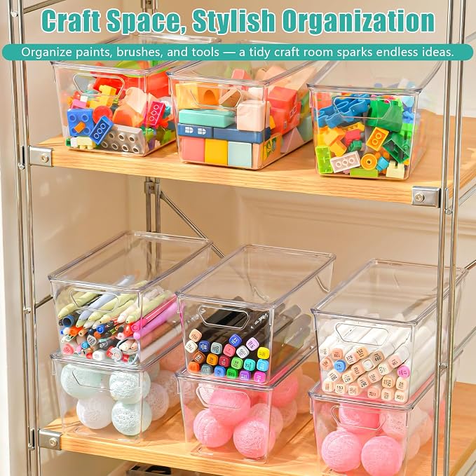 6 Pack Small Clear Storage Bins with Lids, Acrylic Arts and Craft Storage Containers, Stackable Clear Plastic Craft Storage Bins with Handles for Classroom Storage Organization,Kitchen, Fridge, Office - Image 4