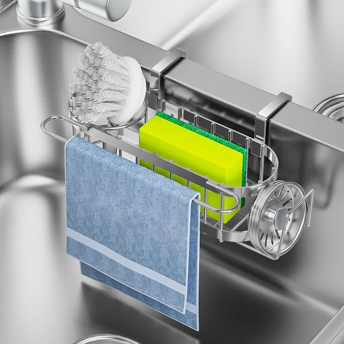 Cisily Kitchen Sink Caddy Sponge Holder in The Sink, Stainless Steel Kitchen Sink Organizer, Brush Holder, Dish Cloth Hanger, Sink Stopper Holder (Hanging-Silver) by CISILYHOMELIFE