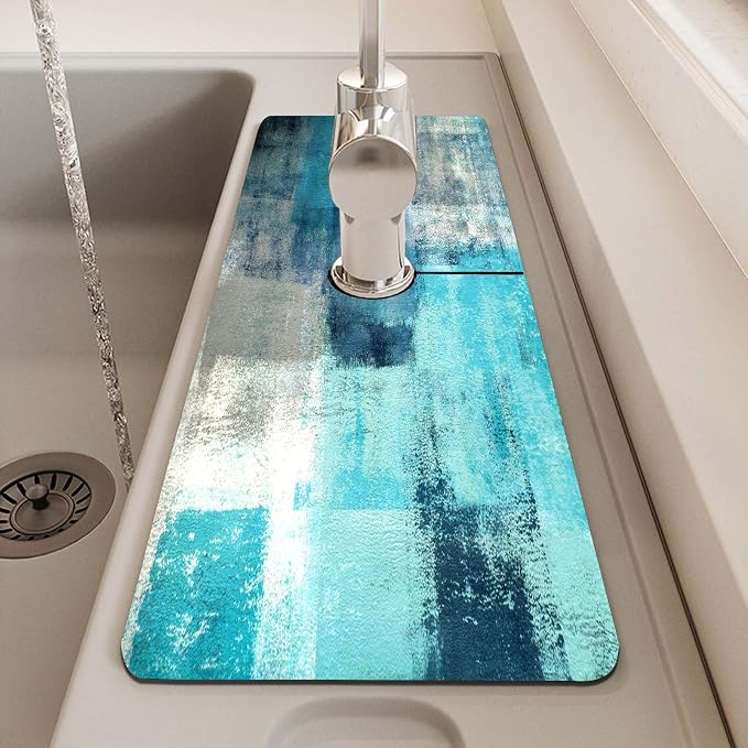 MCALK Turquoise Kitchen Sink Faucet Mat Splash Guard, Absorbent Quick-Dry Kitchen Sink Mat - Ideal for Splash Guard & Drip Catching with Abstract Art Decor( 1pc 15"x5.5") - Image 7
