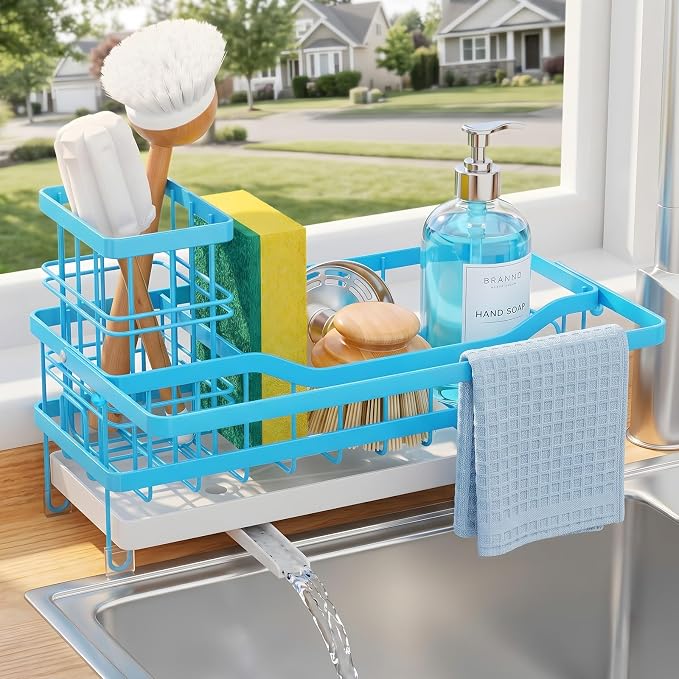 Sponge Holder for Kitchen Sink, Self-draining Sink Caddy with Towel Rack and Brush Holder, Metal Kitchen Countertop Organizers and Storage Essentials, Blue by GUUKAR