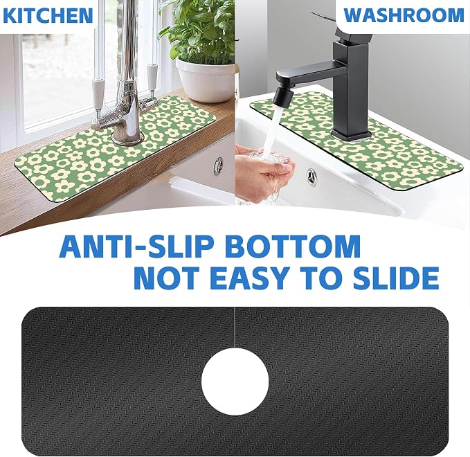 Faucet Mat for Kitchen Sink Vintage Groovy Flower Green Daisy Sink Splash Guard Behind Faucet Soft Diatom Mud Material Non-slip Easy to Clean for Bathroom & Kitchen 15"X5.5" - Image 7