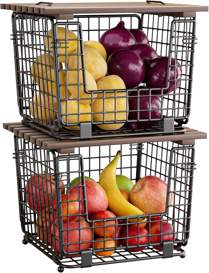 2 Pack Stackable Potato Onion Bins, Pantry Organizers and Storage | Wire Basket with Breathable Design for Garlic Fruits Vegetables Storage, Kitchen Counter Organizer by GGIU