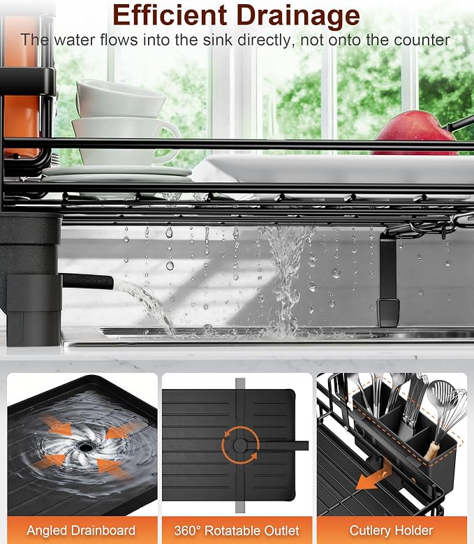 Hanyi 2-Tier Expandable Dish Drying Rack for Counter and Over Sink | Large-capacity rack with foldable upper tier, 15.7-26.4 in over-sink extension, automatic drainage and rust-resistant frame - Image 5