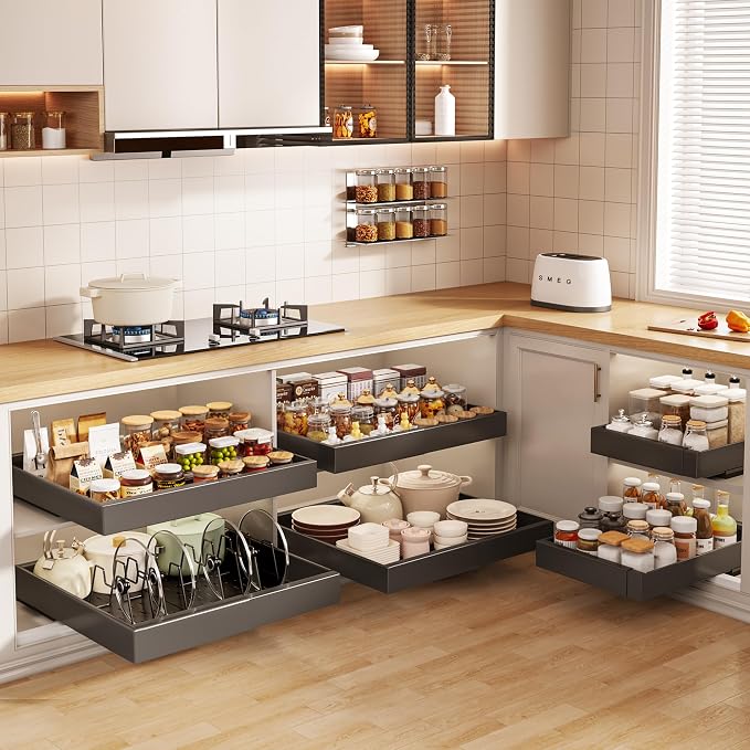 Seinloes 6 Pack Pull out Cabinet Organizer 21"Deep with Raising Pad for Framed Cabinets, Expandable Slide out Drawers for Kitchen Cabinets with 6pcs Divider Racks, Roll out Shelves 12.1"-20.4" W Black - Image 7
