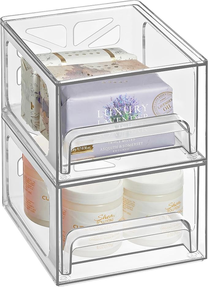 Oizeir Acrylic Drawer Organizer 2-Pack – Clear Stackable Storage Drawers for Makeup, Skincare, Vanity, Bathroom, Under Sink, Kitchen & Office – Non-Slip, Durable, Multi-Purpose Organizer Bins by Oizeir