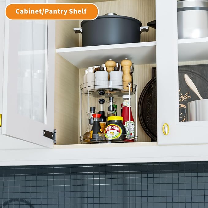 2 Pack 2 Tier Lazy Susan Spice Rack for Cabinet,Countertop and Pantry,9.5"W Small Rotating Turntable Organizer for Condiment,Pill Bottle,Vitamin,Medicine Cabinet Organizers and Kitchen Spice Organizer - Image 2