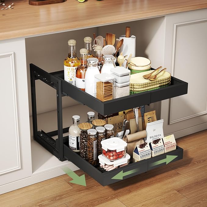 Abalter Expandable Pull Out Cabinet Organizer(12-18.5" W x 21" D), 2-Tier Slide Out Drawer for Kitchen Cabinets, Slide Out Shelves for Kitchen Countertop, Bathroom, Pantry, Heavy Duty Caddy(Black) by Abalter