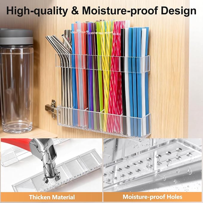 9.5” Large Acrylic Straw Holder for Cabinet Door, Adjustable Two-Part | Reusable Straws Organizer with Ultra Sticky Adhesive Strips, 2026 Straw Storage for Kitchen Cupboard (Transparent) - Image 5