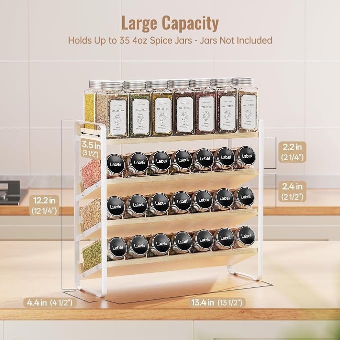 MUDEELA 4 Tier Spice Rack Organizer for Cabinet, (No Jars Included), White | Wooden Vertical Spice Shelf, Seasoning Organizer for Countertop, Kitchen, Pantry, Freestanding, 13.4" W × 11.2" H - Image 2