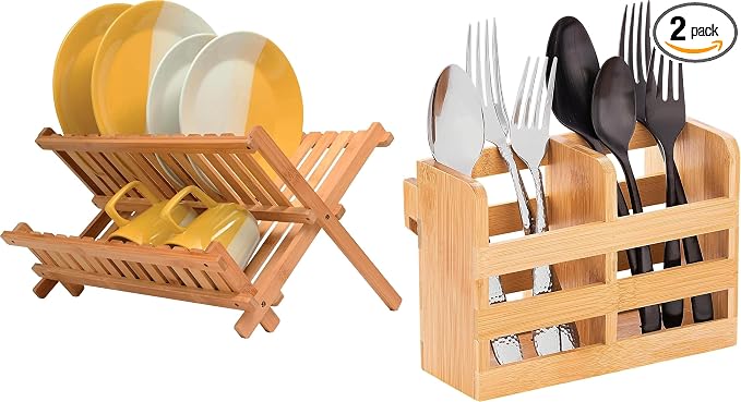 Bambüsi Bamboo Dish Drying Rack and Utensil Holder Set Bundle by Bamb%C3%BCsi