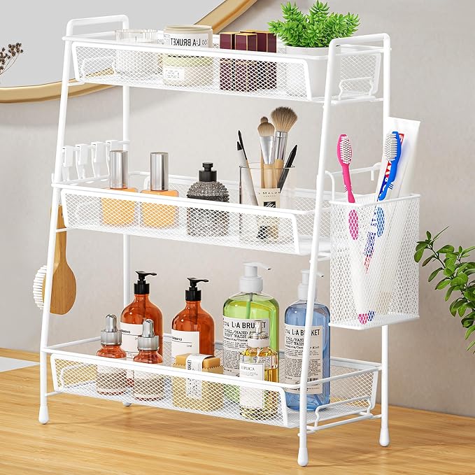 VITVITI 3 Tier Bathroom Organizer Countertop, Counter Storage Shelf, White | Metal Wire Mesh Bathroom Counter Organizer with Basket Hooks, Vanity Tray, Kitchen Spice Rack by VITVITI