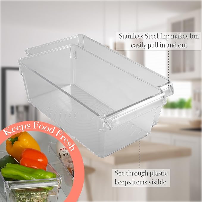 Kitchen Details Medium Refrigerator Storage Bin, Fridge & Freezer, Kitchen Organization,Stainless Steel Handle, Countertop,Cabinets, Pantry,Clear (Pack of 12) - Image 3