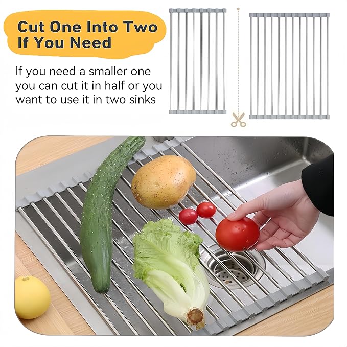 Roll Up Dish Drying Rack, 21.3" x 15.8" Over The Sink Dish Drying Rack, Dish Drying Rack for Kitchen Sink Counter Storage (Grey) - Image 4