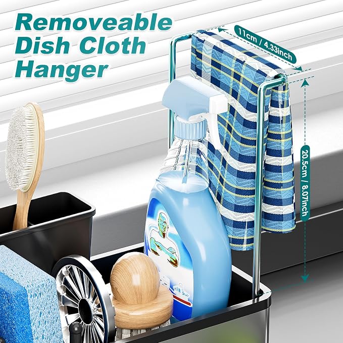 Ewaiira Stainless Steel Sink Caddy, Sponge Holder for Kitchen Sink 9.8″ | with Brush Holder and Towel Rack, Sink Organizer for Countertop, Soap Kitchen Organizers Storage Essentials, Black - Image 7