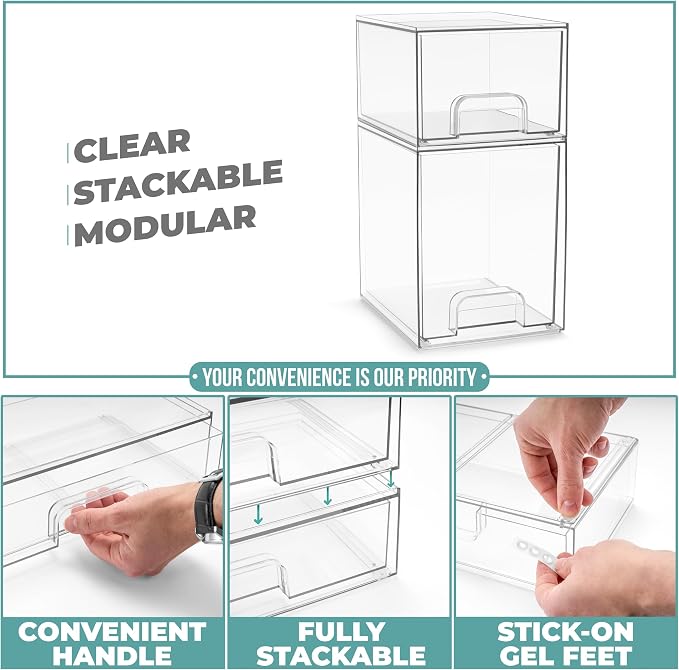 Sorbus Acrylic Storage Containers - 2 Pack, Stackable Storage Bins Set for Bathroom Organization - Clear Acrylic Drawer Organizers - Makeup Case Pull-Out Drawers (7.6’’ and 4.4’’ Tall) - Image 5
