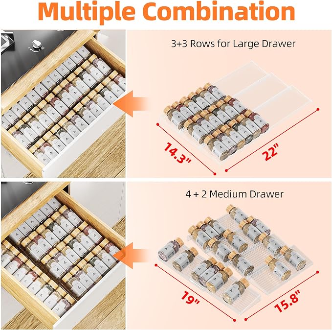 MUDEELA Clear Spice Drawer Organizer, 3 Tier- 2 Set (6 Packs) | Expandable From 11" to 22", (Jars not included), Kitchen Seasoning Organizers and Storage for Drawer - Image 4