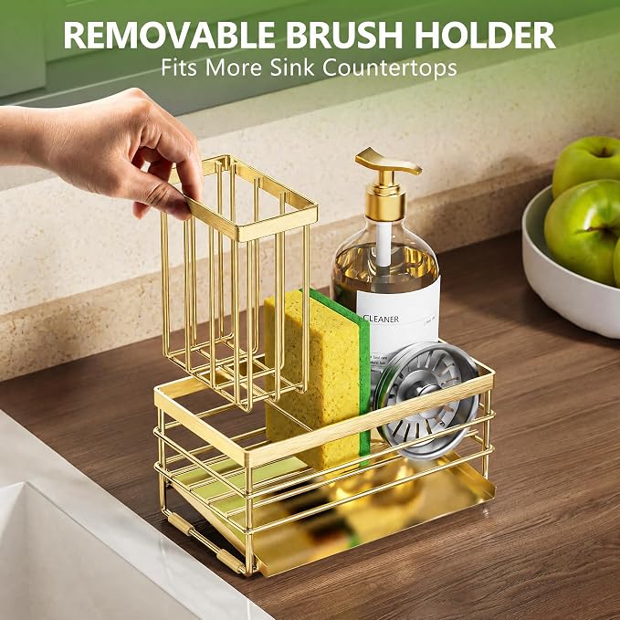 Cisily Gold Sink Caddy Sponge Holder for Kitchen with Brush Holder and Stainless Steel Self Drain Tray, Rustproof Kitchen Sink Organizer for Sponge, Soap Dispenser Storage Accessories - Image 6