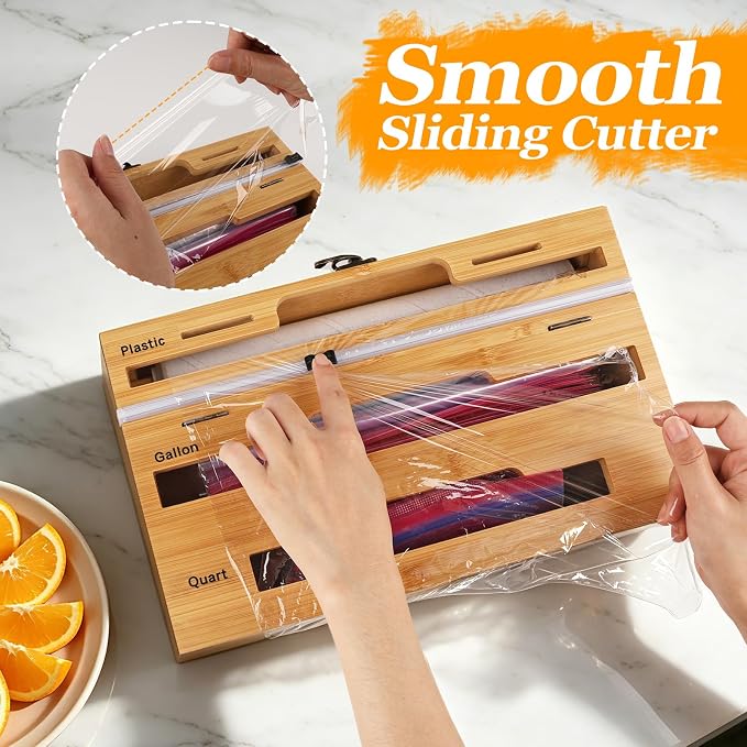 Allinside Magnetic Kitchen Bag Organizer and Plastic Wrap Dispenser with Slide Cutter, 3-in-1 Bamboo Kitchen Foil Storage Holder Compatible with Gallon, Quart, Sandwich Snack Bags - Image 5