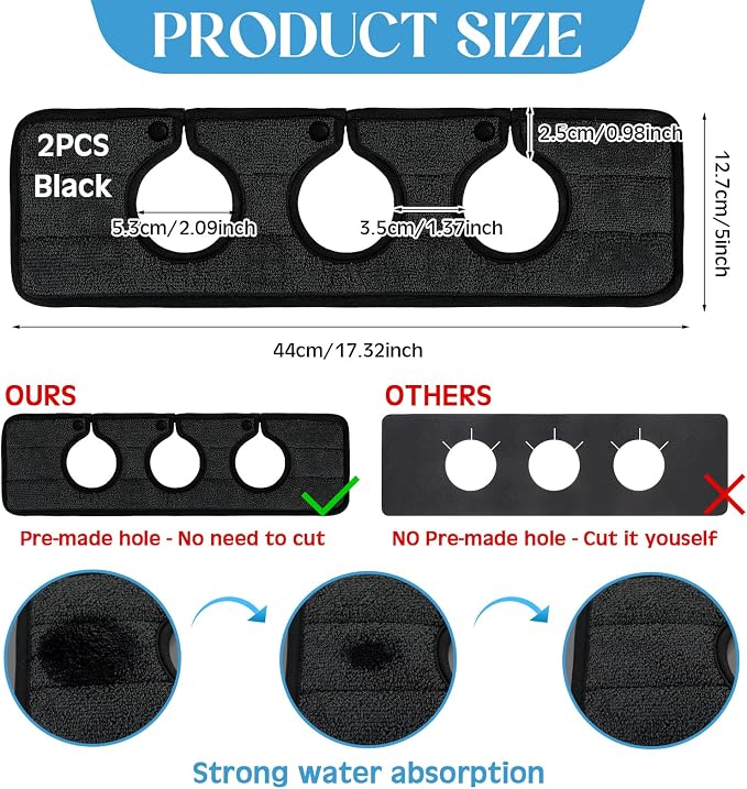 Teenyyou 2 Pcs Faucet Mat for Kitchen Sink Splash Guard for Kitchen Sink Faucet Dish Drying Mat for Bathroom Sponge Holder(Black,3 Round Holes) - Image 2