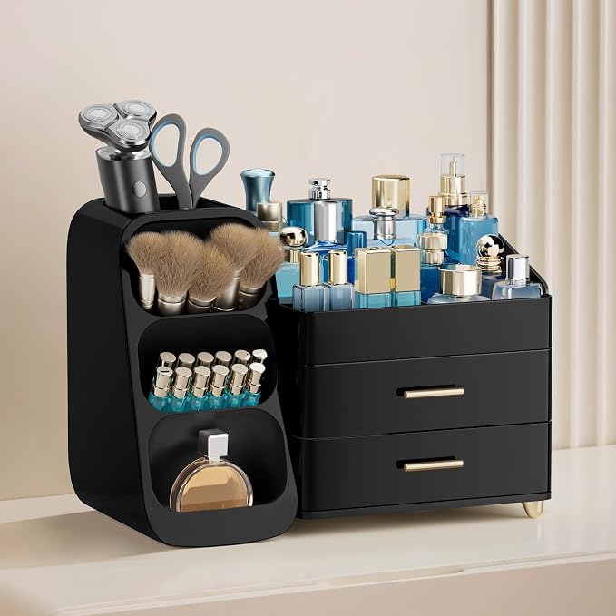 HBlife Cologne Organizer for Men Makeup Organizer with Brush Holder for Vanity, Large Plastic Bathroom Countertop Organizer Skin Care Storage, Fathers Day Gift for Dad Husband, All Black - Image 2