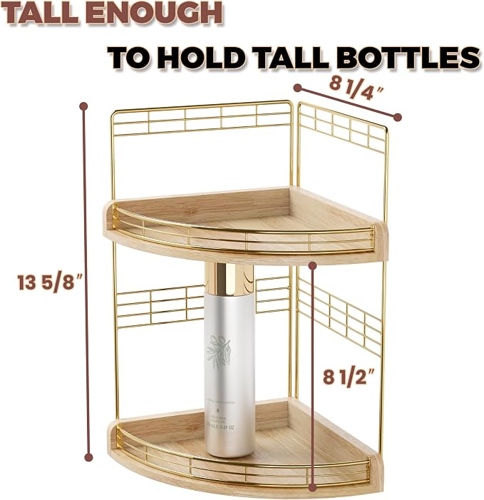 Bathroom Countertop Corner Organizer for Small Spaces, 2-Tier Counter Shelf | Oak Wood & Iron Counter Shelf for Sink & Vanity Corners, Skincare, Toiletries, Space-Saving, Compact Vertical Storage Natural - Image 6