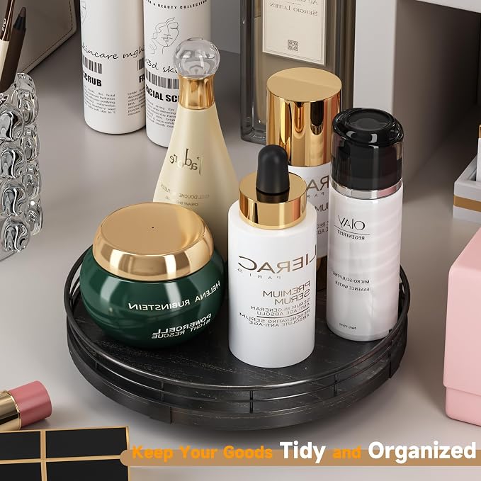AMH 9-Inch Oak Lazy Susan Vanity Tray with Black Brush Gold Metal Frame | Smooth rotating oak tray with walnut finish for dining tables, kitchen counters, pantries and cabinet storage. - Image 2