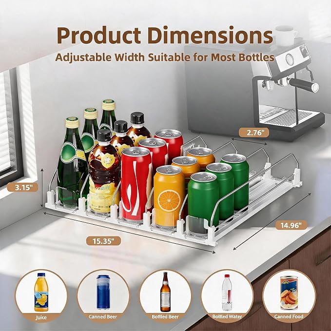 HIYOHIYO 5 Row Automatic Drink Organizer for Fridge, Holds up to 25 Cans | Depth 15" | Adjustable Width | Auto Push Soda Can Dispenser For Refrigerator Supermarket Shelf Storage - Image 2