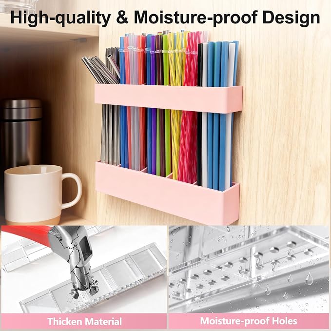 9.5” Large Acrylic Straw Holder for Cabinet Door, Adjustable Two-Part | Reusable Straws Organizer with Ultra Sticky Adhesive Strips, 2026 Straw Storage for Kitchen Cupboard (Rose Stone) - Image 5