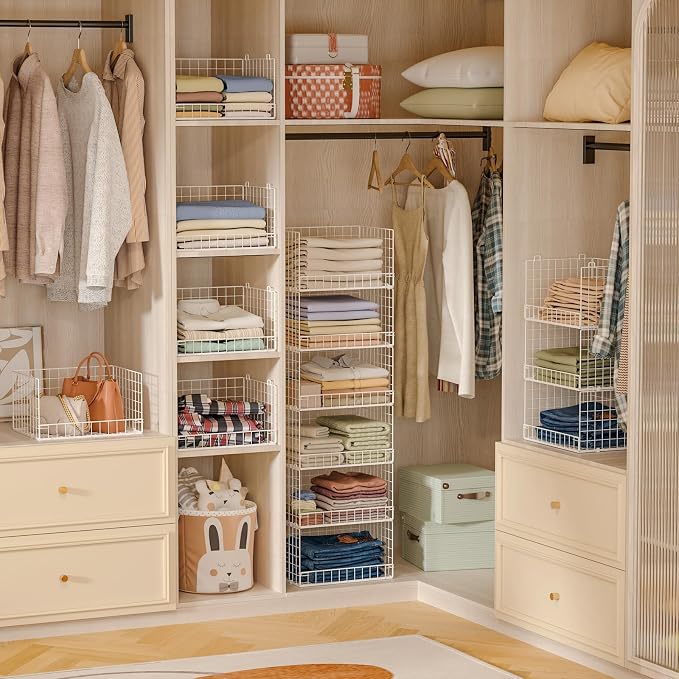 Yociyoga 6-Tier Stackable Closet Organizers and Storage Shelves, Closet Shelf Organizer Basket Bins, Foldable Sweater Storage for Clothes Organizer System, White（Patent No. 30022416） - Image 8