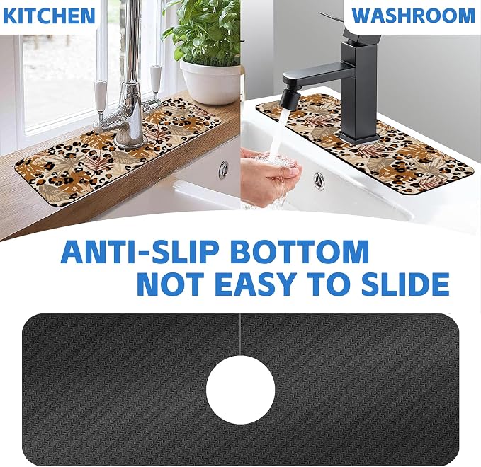 Kitchen Faucet Mat Brown Tropical Palm Leaf Sink Splash Guard Behind Faucet Draining Mat Kitchen Accessories Non-slip Easy to Clean for Bathroom & Kitchen 15"X5.5" - Image 7