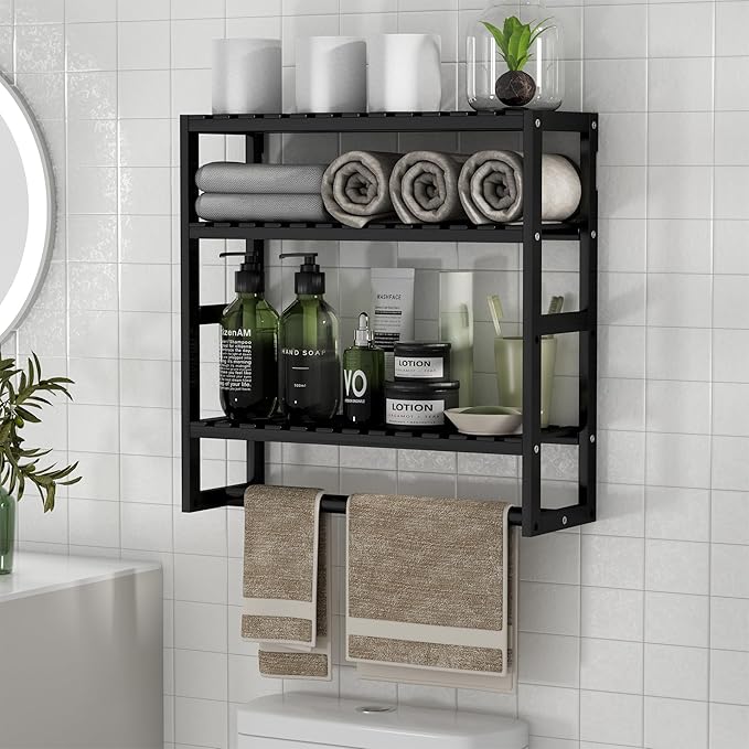 PPN Towel Rack Bathroom Storage Shelves Over The Toilet with Towel Bar 100% Bamboo Adjustable Height Floating Shelf Wall Shower Shelf for Small Space Bathroom Kitchen Multi Usage (Black-1Pack) by PPN