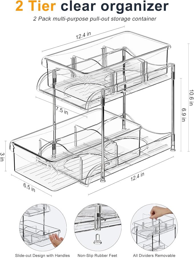 2-Pack 2-Tier Under Sink Organizers with Sliding Drawers | Multi-use kitchen & bathroom storage, 10.6 inch clear cabinet organizer, space-saving sliding drawer design. - Image 2