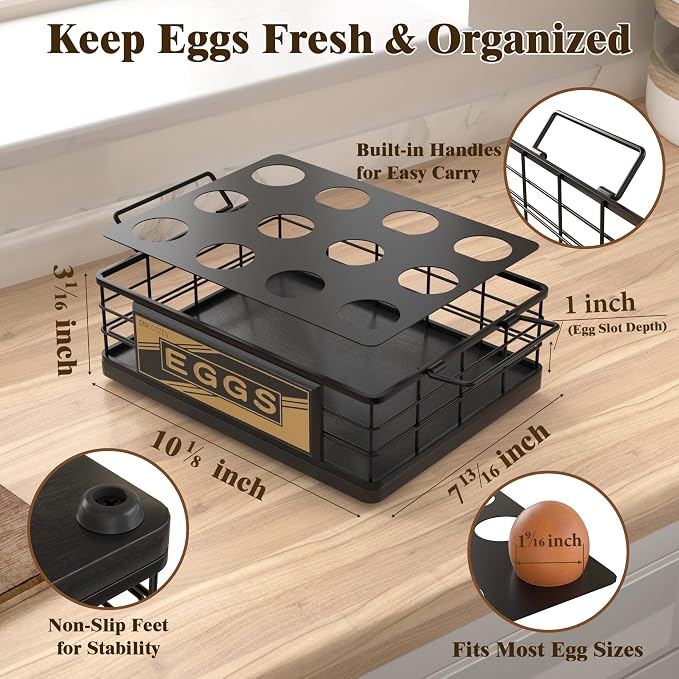 Farmhouse Egg Holder Countertop, Oak Wood & Metal Egg Basket with Handles | Stackable Rustic Egg Tray Organizer for Kitchen Counter, Holds 12 Eggs, Removable Divider for Fresh Egg Storage, Black - Image 5