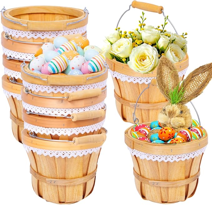 Wooden Baskets 7" x 6", 10 Pack Natural Apple Harvest Baskets | Round Handled Baskets Hold Produce, Flowers, Easter Eggs Or Favors for Farms, Markets, Weddings, Parties and Decor by YPshuye